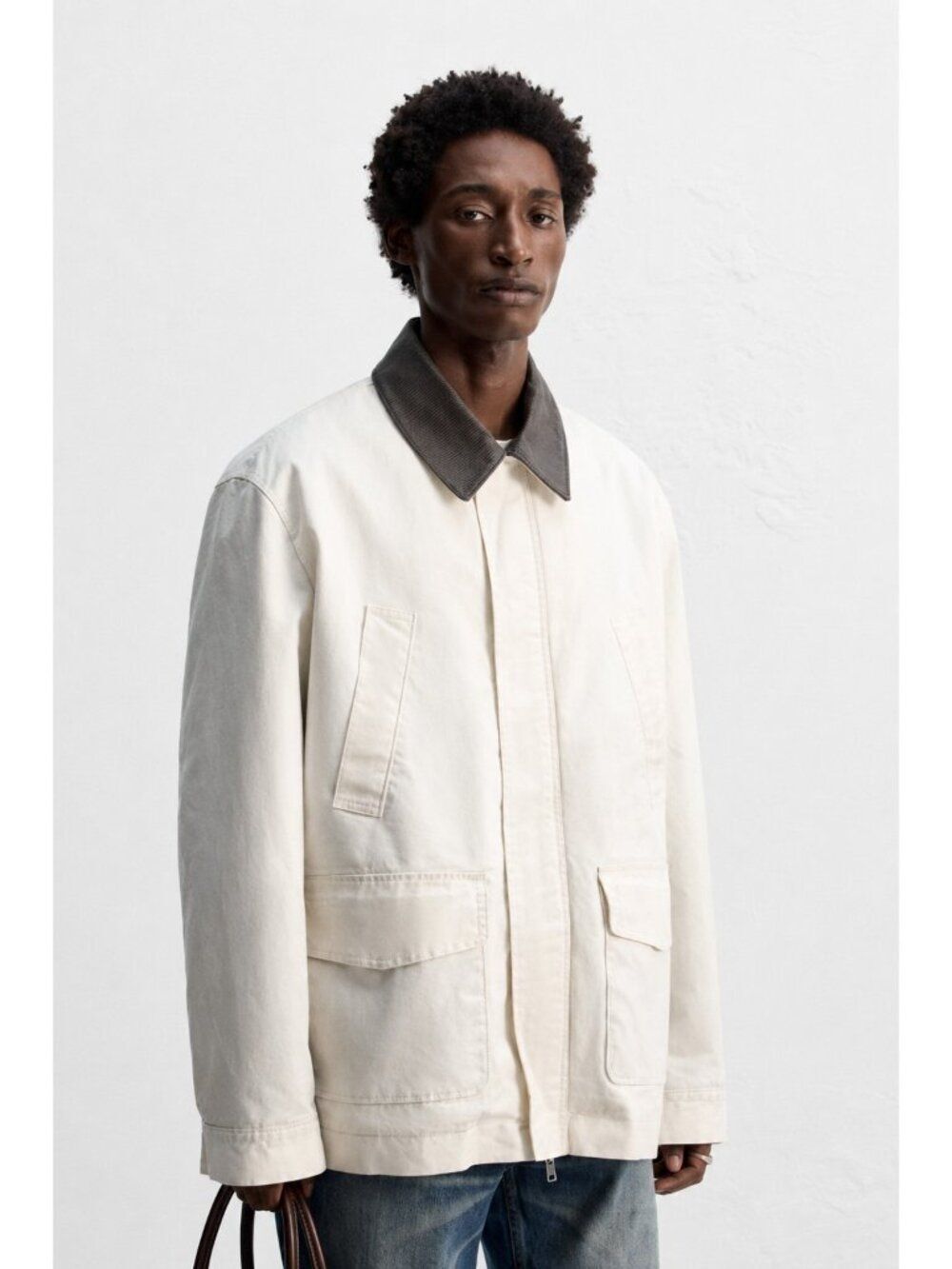 Zara Origins Mens Jacket Large Off White Leather Collar Barn Chore 8491/204 NWT